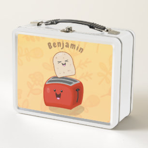 Cute kawaii toast and red toaster cartoon metal lunch box
