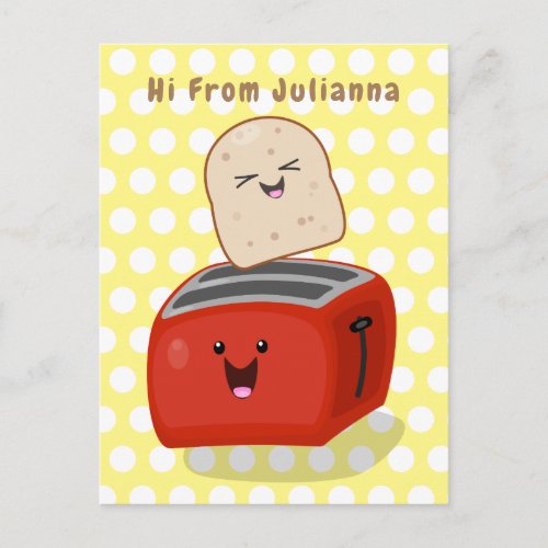 Cute kawaii toast and red toaster cartoon postcard