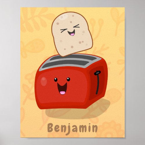Cute kawaii toast and red toaster cartoon poster