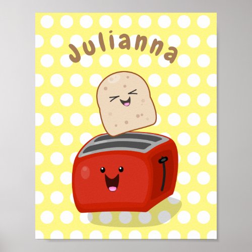 Cute kawaii toast and red toaster cartoon poster