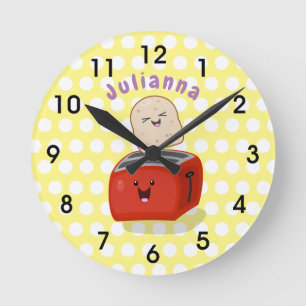 Cute kawaii toast and red toaster cartoon round clock