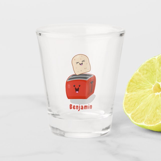 Cute kawaii toast and red toaster cartoon  shot glass (Front)