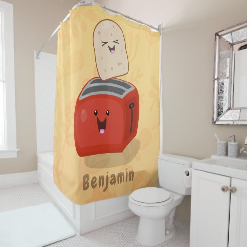 Cute kawaii toast and red toaster cartoon shower curtain