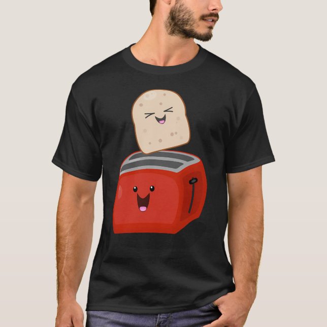 Cute Kawaii Toast And Red Toaster Cartoon T-Shirt (Front)