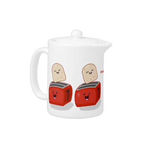 Cute kawaii toast and red toaster cartoon teapot