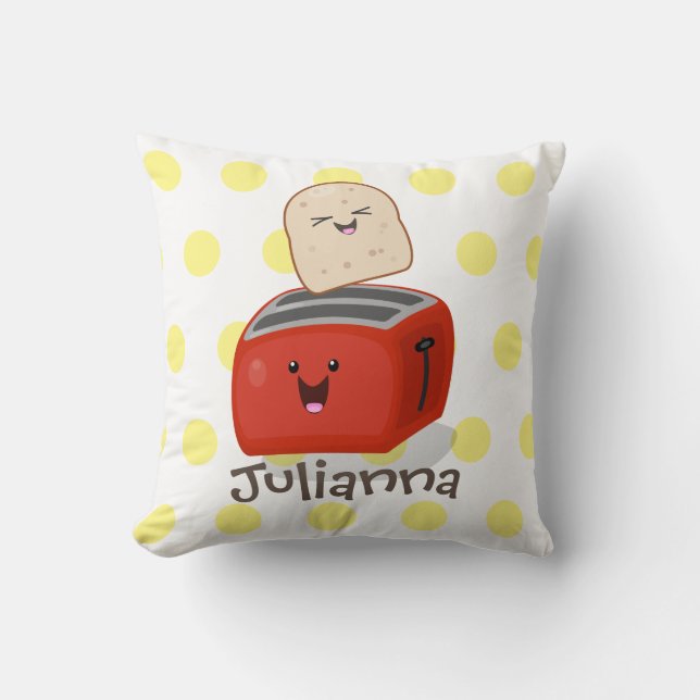 Cute kawaii toast and red toaster cartoon throw pillow (Front)