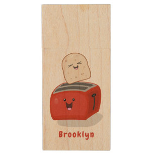 Cute kawaii toast and red toaster cartoon wood flash drive
