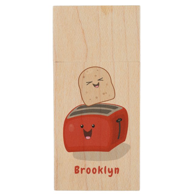 Cute kawaii toast and red toaster cartoon wood flash drive (Front Vertical)