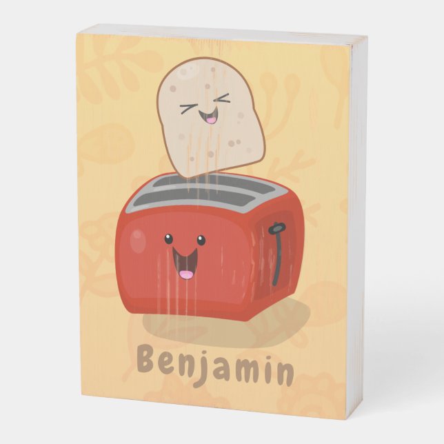 Cute kawaii toast and red toaster cartoon wooden box sign (Angled Vertical)