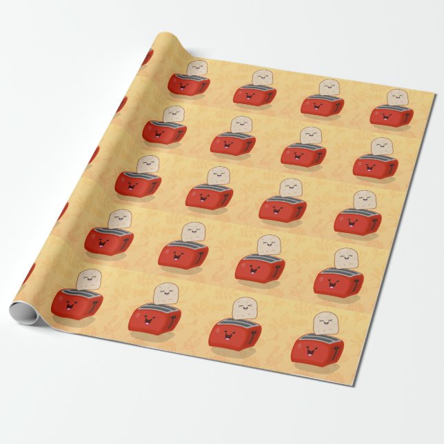 Cute kawaii toast and red toaster cartoon wrapping paper (Unrolled)