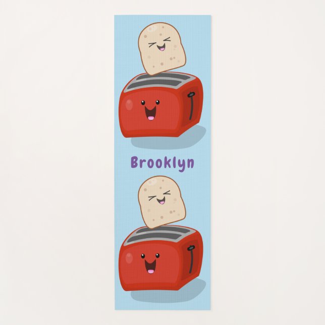 Cute kawaii toast and red toaster cartoon yoga mat (Front)