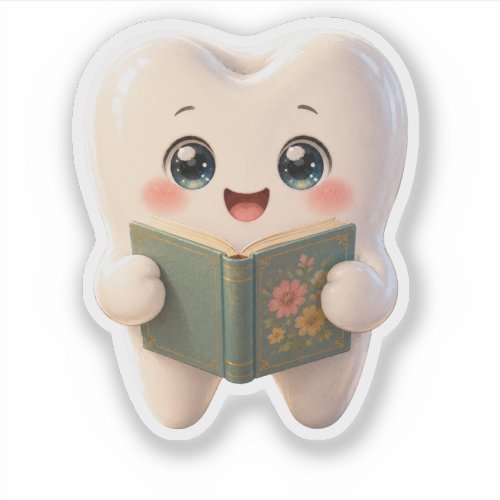 Cute Kawaii Tooth Character Reading Book Sticker