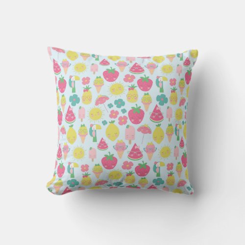 Cute Kawaii Tropical Fruit with Faces Pattern Throw Pillow