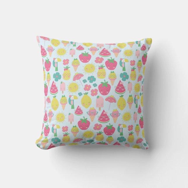 Cute Kawaii Tropical Fruit with Faces Pattern Throw Pillow (Front)