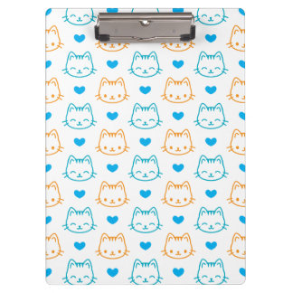 Cute Kawaii Turquoise and Orange Cat Faces Pattern Clipboard