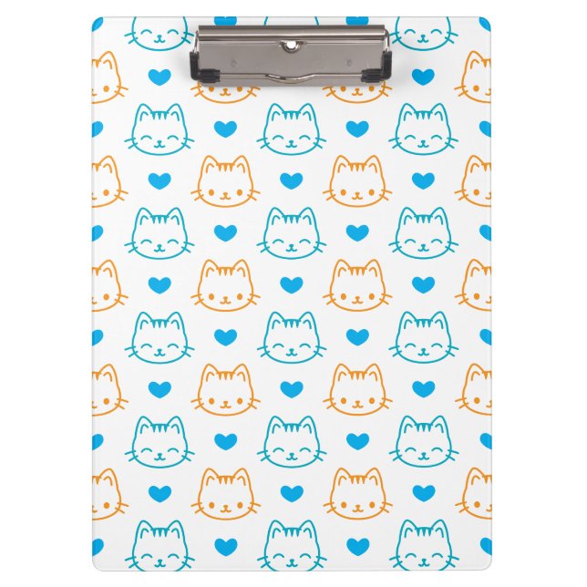 Cute Kawaii Turquoise and Orange Cat Faces Pattern Clipboard (Front)