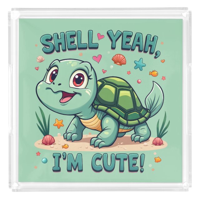 Cute Kawaii Turtle with Funny Pun Ocean Aesthetic Acrylic Tray (Front)