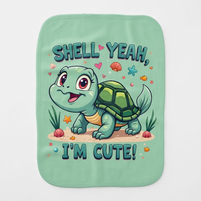Cute Kawaii Turtle with Funny Pun Ocean Aesthetic Baby Burp Cloth (Front)