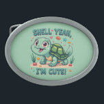 Cute Kawaii Turtle with Funny Pun Ocean Aesthetic Belt Buckle<br><div class="desc">This adorable kawaii turtle design brings a playful ocean aesthetic to life with its big, sparkling eyes and cheerful expression. Surrounded by whimsical sea elements like shells, starfish, and tiny fish, this illustration captures the charm of marine life with a soft, pastel color palette. The fun pun, “Shell Yeah, I’m...</div>