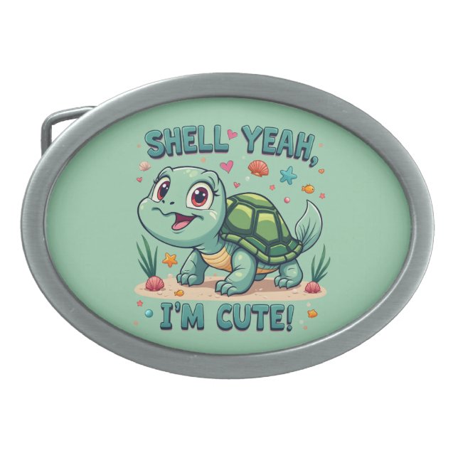 Cute Kawaii Turtle with Funny Pun Ocean Aesthetic Belt Buckle (Front)