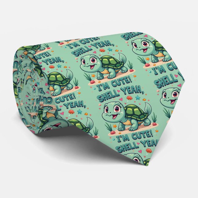 Cute Kawaii Turtle with Funny Pun Ocean Aesthetic Neck Tie (Rolled)