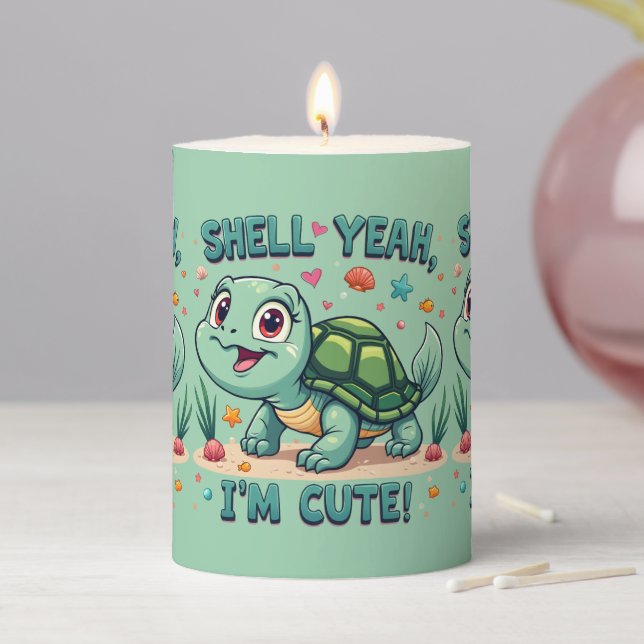 Cute Kawaii Turtle with Funny Pun Ocean Aesthetic Pillar Candle (In Situ)