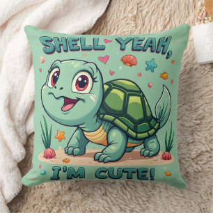 Cute Kawaii Turtle with Funny Pun Ocean Aesthetic Throw Pillow