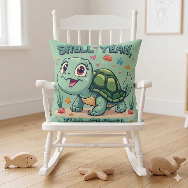 Cute Kawaii Turtle with Funny Pun Ocean Aesthetic Throw Pillow (Cute Kawaii Turtle with Funny Pun Ocean Aesthetic Throw Pillow Mockup A)
