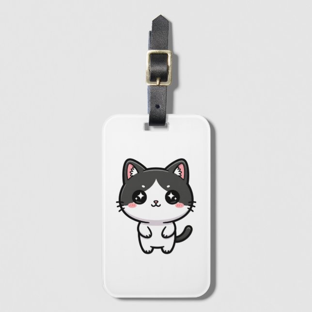 Cute Kawaii Tuxedo Cat Standing Character Luggage Tag (Front Vertical)