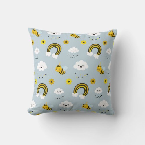 Cute Kawaii Unicorn Bees and Rainbow Gray Yellow Throw Pillow