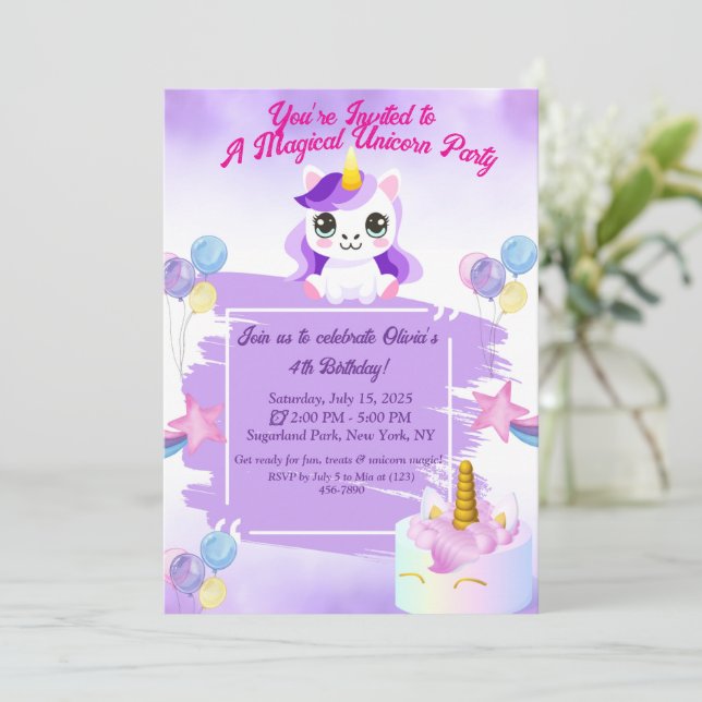 Cute Kawaii Unicorn Birthday Invitation (Standing Front)