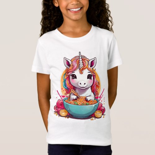 cute kawaii unicorn graphic eating ramen vibrant  T_Shirt