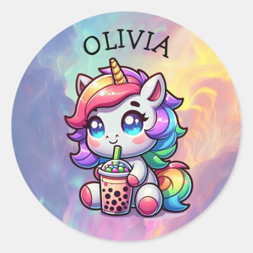 Cute Kawaii Unicorn with Bubble Tea Personalized Classic Round Sticker