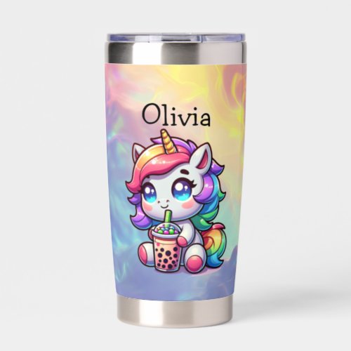 Cute Kawaii Unicorn with Bubble Tea Personalized Insulated Tumbler