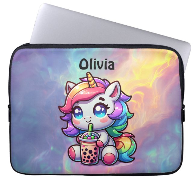 Cute Kawaii Unicorn with Bubble Tea Personalized Laptop Sleeve (Front)