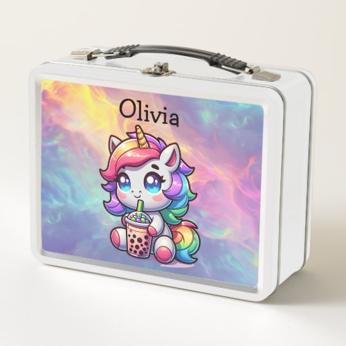 Cute Kawaii Unicorn with Bubble Tea Personalized Metal Lunch Box