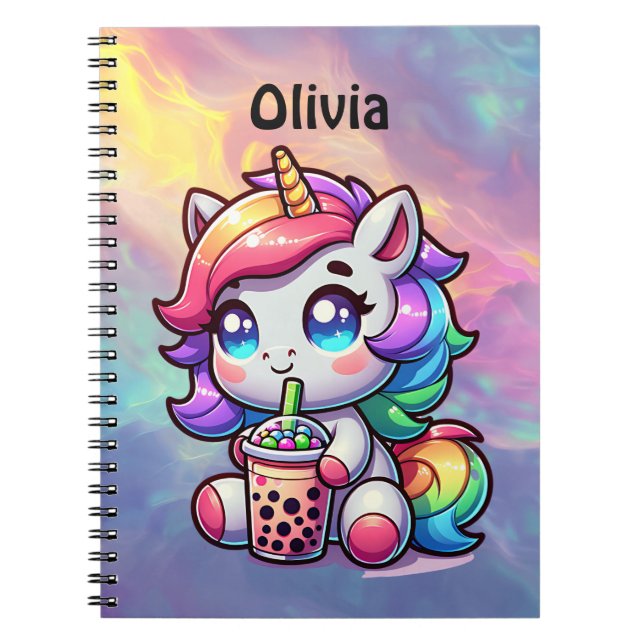 Cute Kawaii Unicorn with Bubble Tea Personalized Notebook (Front)
