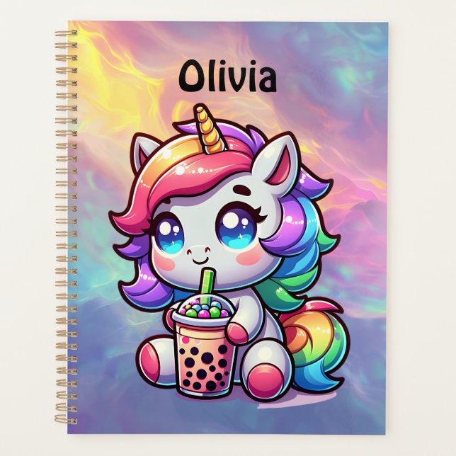 Cute Kawaii Unicorn with Bubble Tea Personalized Planner (Front)