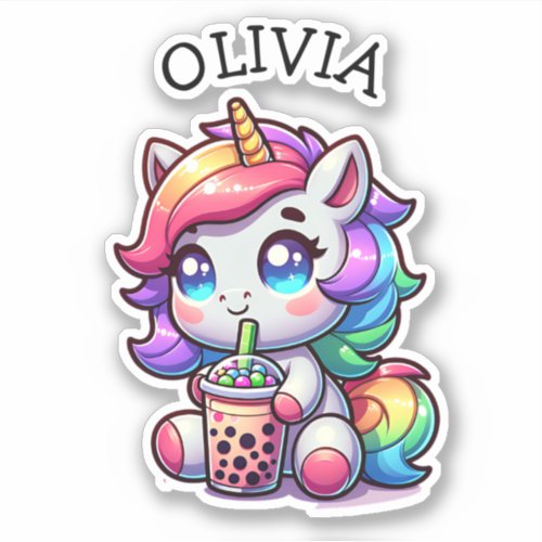 Cute Kawaii Unicorn with Bubble Tea Personalized Sticker