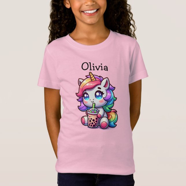 Cute Kawaii Unicorn with Bubble Tea Personalized T-Shirt (Front)