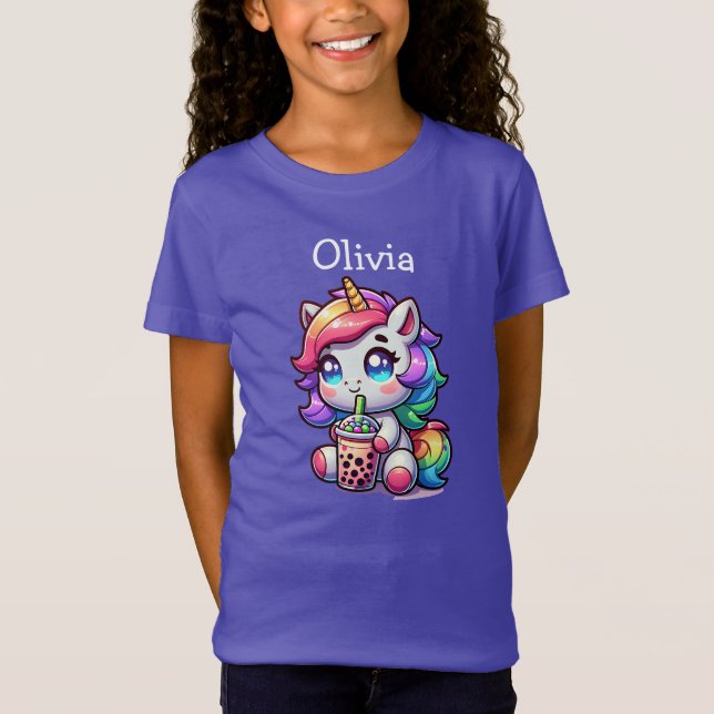 Cute Kawaii Unicorn with Bubble Tea Personalized T-Shirt (Front)