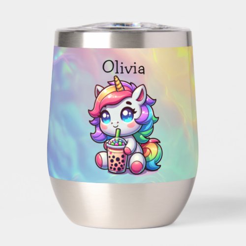Cute Kawaii Unicorn with Bubble Tea Personalized Thermal Wine Tumbler
