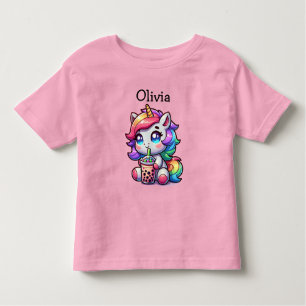 Cute Kawaii Unicorn with Bubble Tea Personalized Toddler T-shirt