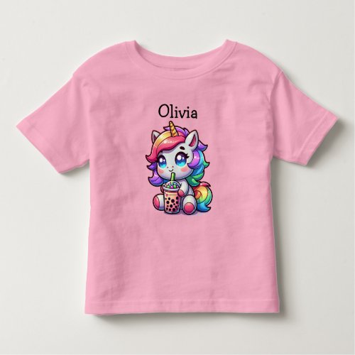 Cute Kawaii Unicorn with Bubble Tea Personalized Toddler T_shirt