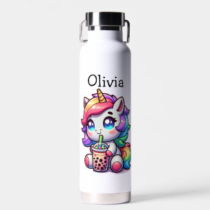Cute Kawaii Unicorn with Bubble Tea Personalized Water Bottle