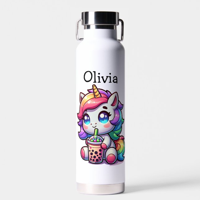 Cute Kawaii Unicorn with Bubble Tea Personalized Water Bottle (Front)