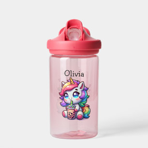 Cute Kawaii Unicorn with Bubble Tea Personalized Water Bottle