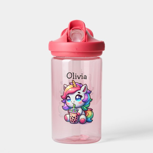 Cute Kawaii Unicorn with Bubble Tea Personalized Water Bottle (Front)