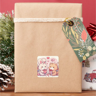 Cute Kawaii Valentine Bunny Bear Love Gift Square Sticker