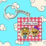 Cute Kawaii Waffle Pun  Keychain<br><div class="desc">Adorable cartoon hand drawn waffles couple holding hands with red plaid tablecloth background with the text,  "W'affley Cute." Waffle pun.</div>